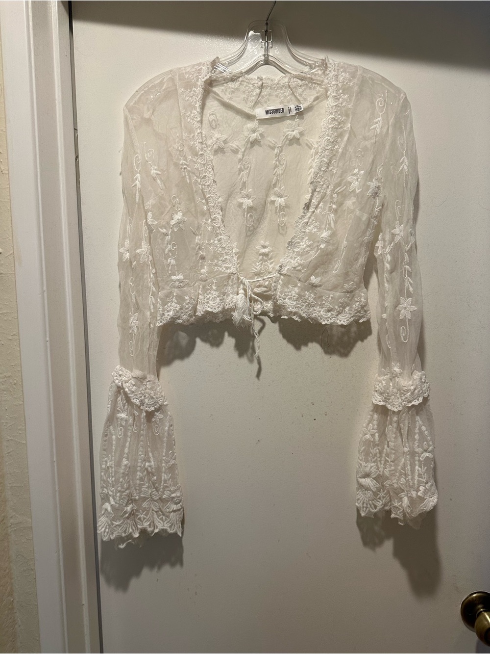 Missguided White Sheer Embroidered Tie-Front Cardigan w Bell Sleeves Cropped 2